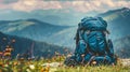 A trekking backpack set against the majestic Alps mountains. Hiking and trekking concept Royalty Free Stock Photo