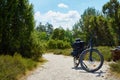 Trekking bike loaded with panniers on a sandy path through the heath in northern Germany