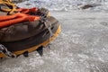 Trekking boots with ice crampons Royalty Free Stock Photo