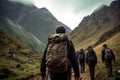 Trekking in the highlands of the Caucasus mountains in Georgia, rear view of mountain guide leading a group of hikers, AI