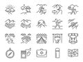 Trekking line icon set. Included the icons as view, nature, camping, mountain, forest, backpacking, travel, sunset and more.