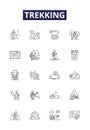 Trekking line vector icons and signs. Climb, Backpacking, Tramping, Walking, Exploring, Trek, Trail, Outdoors outline