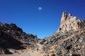 Trekking in Patagonia impressive lanscape, Man hiking on Cerro Catedral mountain sharp steep granite rocks in Nahuel Huapi Royalty Free Stock Photo