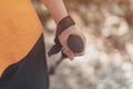 Trekking pole in female hiker hand