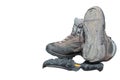 Trekking shoes broken after intensive use (isolated) Royalty Free Stock Photo