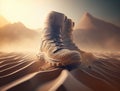 Trekking shoes in desert sand. Military sport trekking footwear. Combat boots. Generative AI Royalty Free Stock Photo