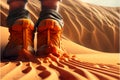 Trekking shoes in desert sand. Military sport trekking footwear.