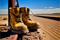 Trekking shoes with the Ukrainian flag. Military footwear Royalty Free Stock Photo