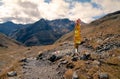 Trekking sign on Grass alpine meadow surrounded by high mountains in Swiss Alps