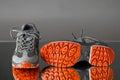 Trekking sneakers with red sole, gray background Royalty Free Stock Photo