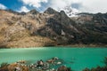 Trekking to Laguna 69 and passing by Laguna de Llanganuco in Peru Cordillera Blanca Royalty Free Stock Photo