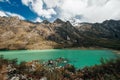 Trekking to Laguna 69 and passing by Laguna de Llanganuco in Peru Cordillera Blanca Royalty Free Stock Photo