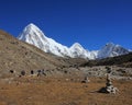 Trekking trail leading towards the Everest Base Camp and snow covered Mount Pumori Royalty Free Stock Photo