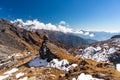 Trekking trail in Mera peak climbing route with fresh snow, Himalaya mountains range in Nepal
