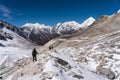 Trekking trail to Larkya pass in Manaslu circuit trekking route, Himalaya mountains range in Nepal