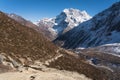 Trekking trail to Larkya pass in Manaslu circuit trek, Himalaya mountain range in Nepal Royalty Free Stock Photo