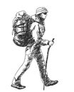 Trekking woman with big backpack and stick isolated vector sketch, Outdoor activity people