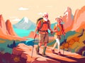 senior walking active grandfather happy old elderly trekking hiking couple. Generative AI.