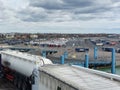 TRELLEBORG, SWEDEN - APRIL 04 2023 : Trucks and trailers are waiting in the harbor on ferry and quay