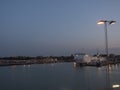 TRELLEBORG, SWEDEN - August 21, 2019: Night view of Trelleborg harbor with Baltic ferry boats, Swedish port, blue hour evening