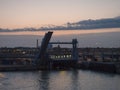 TRELLEBORG, SWEDEN - August 21, 2019: Night view of Trelleborg harbor from sea. Swedish port, blue hour evening