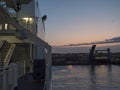 TRELLEBORG, SWEDEN - August 21, 2019: Stena line ferry arrive to Trelleborg harbor Swedish port, blue hour viewed from