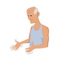 Tremor hands. Elderly man looking at the shaking hands. Symptom of Parkinson`s disease. Medical vector illustration.