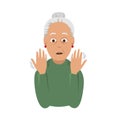 Tremor hands. Elderly woman looking at the shaking hands. Symptom of Parkinson`s disease. Medical vector illustration.