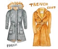 Trench coat. Parka. Hand drawn watercolor illustration.