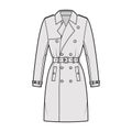 Trench coat technical fashion illustration with belt, double breasted, fitted, napoleon wide lapel collar, knee length