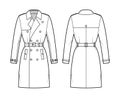 Trench coat technical fashion illustration with belt, double breasted, fitted, napoleon wide lapel collar, knee length