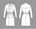 Trench coat technical fashion illustration with belt, double breasted, fitted, napoleon wide lapel collar, knee length