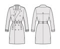 Trench coat technical fashion illustration with belt, double breasted, fitted, napoleon wide lapel collar, knee length