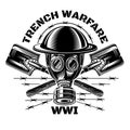 Trench warfare. Gas mask and military helmet with crossed trench showels Royalty Free Stock Photo