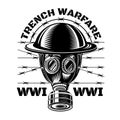 Trench warfare. Gas mask with military helmet of first world war in center of barbed wire Royalty Free Stock Photo