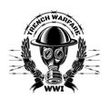 Trench warfare. Gas mask with military helmet of first world war in center of laurel wreath Royalty Free Stock Photo