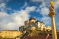 The Trencin Castle above the town of Trencin at sunset, Slovakia Royalty Free Stock Photo