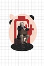 Trend artwork sketch image 3D photo collage of aged man tired pensioner sit on baggage hold suitcase huge battery low