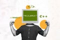 Trend artwork sketch photo collage of young programmer man hacker coding program remote work php language monitor head