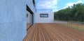 Trend board as a floor covering for a spacious balcony. Concrete walls. Glass panel fence. View of the dark forest. 3d render