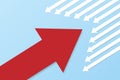 Trend, change, creativity and competition concept. Unique red arrow changing on blue background