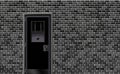 Trend european prison interior, dark background. Jail modern with metal door. Behind brick wall. Vector illustration for happy