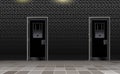 Trend european prison interior, dark background. Jail modern with two metal door. Behind brick wall. Vector illustration for happy