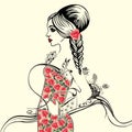 Trend fashion pattern elegant bride. Charm lady in a lace summer dress roses