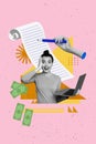 Trend image collage of person shock use netbook stand near document writing document on pink background Royalty Free Stock Photo
