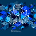 Trend isometric geometric pattern blue black background with bright blocks and cubes. Technical plan can be used in web design and Royalty Free Stock Photo