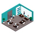 Trend isometric people, a room, an office front view, a large office room, work, office workers, businessmen Royalty Free Stock Photo