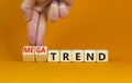 Trend or megatrend symbol. Businessman turns wooden cubes and changes words trend to megatrend. Beautiful orange table, orange Royalty Free Stock Photo