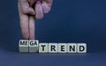 Trend or megatrend symbol. Businessman turns wooden cubes and changes words trend to megatrend. Beautiful grey table, grey Royalty Free Stock Photo