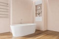 Pink bathroom with white bathtub. Corner view Royalty Free Stock Photo